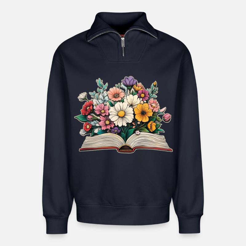 Buch mit Blumen - Relaxed Unisex Organic Half Zip Sweatshirt – von SPREAD - Navy