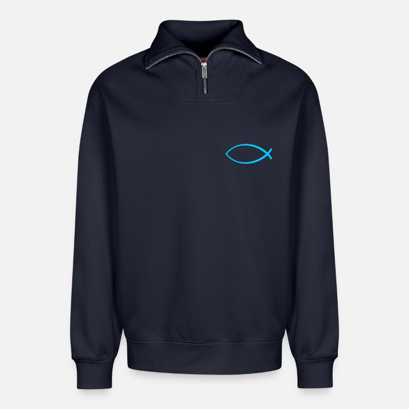Ichtus fish light blue - Relaxed Unisex Organic Half Zip Sweatshirt – by SPREAD - navy