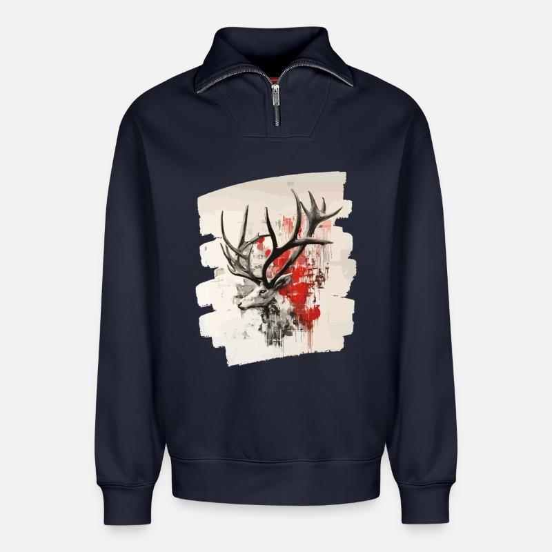 Hirsch mit Geweih - Relaxed Unisex Organic Half Zip Sweatshirt – von SPREAD - Navy