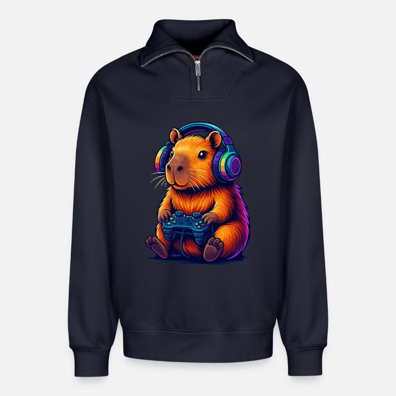 Gaming Capybara Vibes - Relaxed Unisex Organic Half Zip Sweatshirt – von SPREAD - Navy