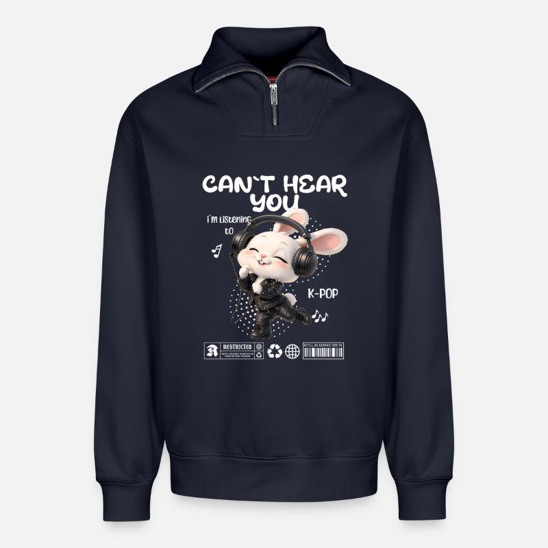 K-Pop Häschen mit Kopfhörern - Relaxed Unisex Organic Half Zip Sweatshirt – von SPREAD - Navy