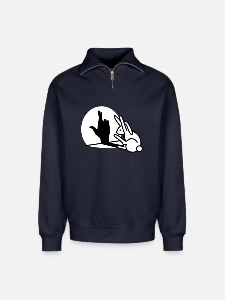 De grappige schaduw die van de konijnhand vingers kruisen - Sweatshirt unisex met relaxed fit en halve rits van biologisch katoen – van SPREAD - navy
