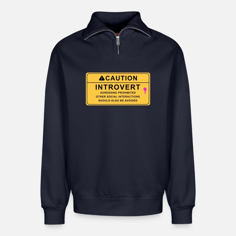 Caution Introvert - Relaxed Unisex Organic Half Zip Sweatshirt – von SPREAD - Navy