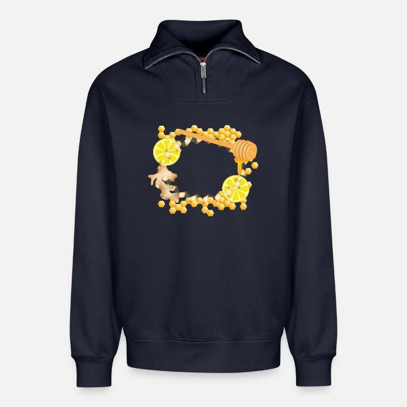 Ginger-Lemon-Honey Frame – Feel-Good Motif - Relaxed Unisex Organic Half Zip Sweatshirt – by SPREAD - navy