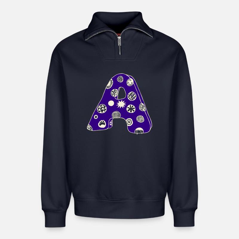 Buchstabe A mit Charakter in blau - Relaxed Unisex Organic Half Zip Sweatshirt – von SPREAD - Navy