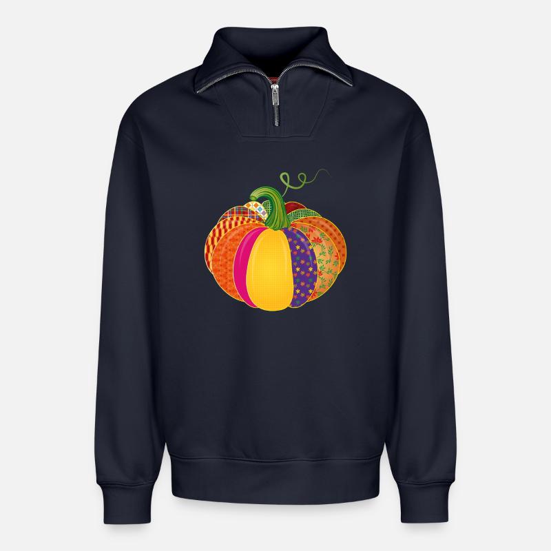Patchwork Kürbis – Bunt gemusterte Herbstdeko - Relaxed Unisex Organic Half Zip Sweatshirt – von SPREAD - Navy