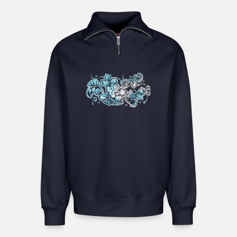 Blauer Blumen-Muster - Relaxed Unisex Organic Half Zip Sweatshirt – von SPREAD - Navy