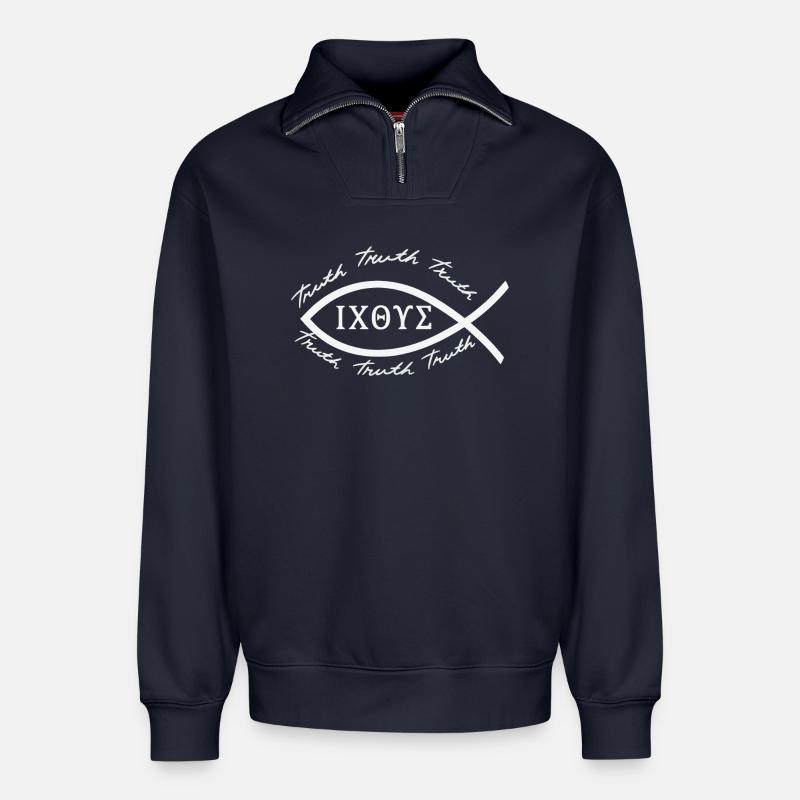Jesus Fish - Relaxed Unisex Organic Half Zip Sweatshirt – von SPREAD - Navy
