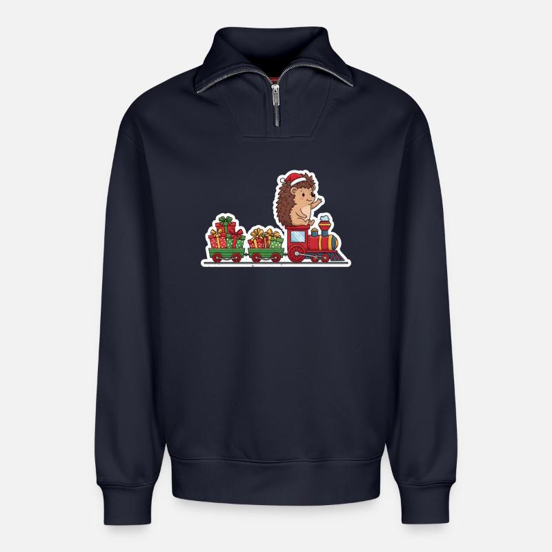 Weihnachtsigel Zug mit Geschenken - Relaxed Unisex Organic Half Zip Sweatshirt – von SPREAD - Navy