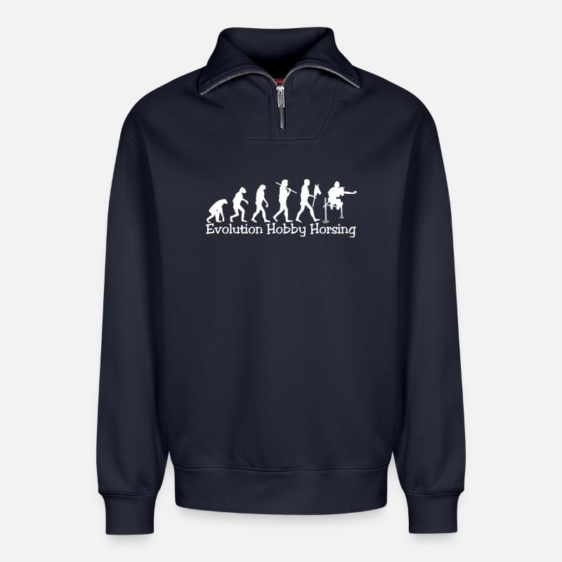Evolution Hobby Horsing (blanc) - Sweat unisexe décontracté en coton biologique à demi-zip – de SPREAD - bleu marine