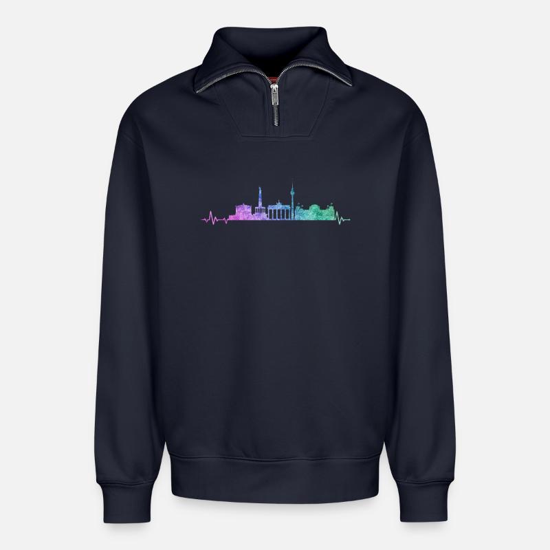 Berlin Skyline - Relaxed Unisex Organic Half Zip Sweatshirt – von SPREAD - Navy