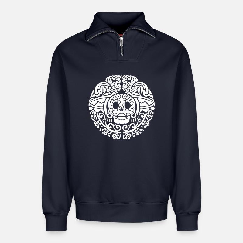 Catrinas Schädel - Relaxed Unisex Organic Half Zip Sweatshirt – von SPREAD - Navy