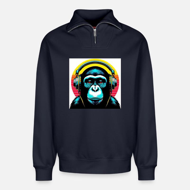 Schimpansenaffe hört Musik mit Kopfhörern - Relaxed Unisex Organic Half Zip Sweatshirt – von SPREAD - Navy