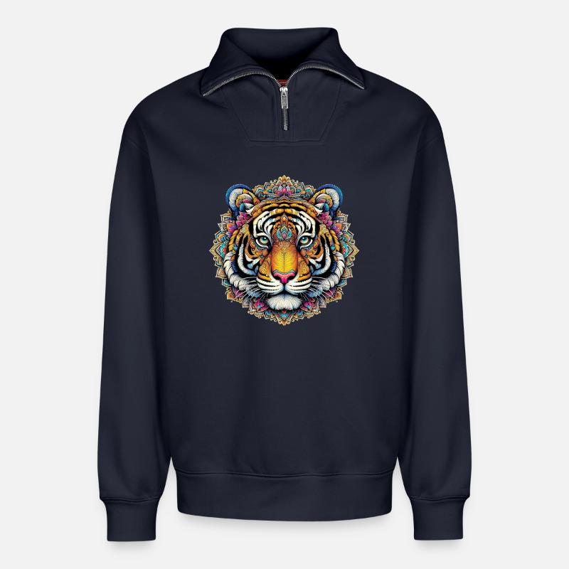 Tiger mit Mandalas verziert - Relaxed Unisex Organic Half Zip Sweatshirt – von SPREAD - Navy