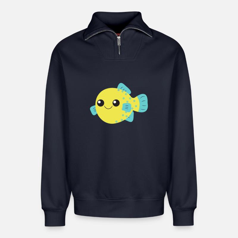 Poisson-globe, poisson mignon, océan, - Sweat unisexe décontracté en coton biologique à demi-zip – de SPREAD - bleu marine