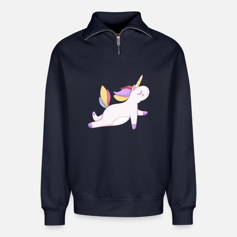 Buntes Einhorn sitzend, Pastellmuster - Relaxed Unisex Organic Half Zip Sweatshirt – von SPREAD - Navy