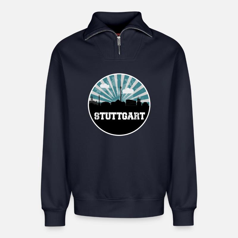 Stuttgart Skyline Blue Hour - Relaxed Unisex Organic Half Zip Sweatshirt – by SPREAD - navy