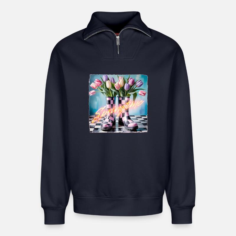 C’est le printemps... - Sweat unisexe décontracté en coton biologique à demi-zip – de SPREAD - bleu marine