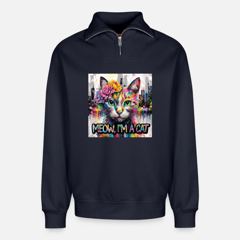 Artful Cat Version 2 - Relaxed Unisex Organic Half Zip Sweatshirt – by SPREAD - navy