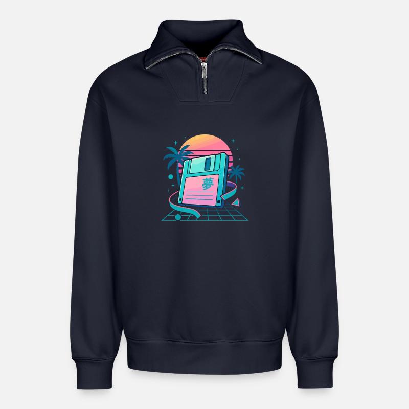 Retro Floppy Dream - Relaxed Unisex Organic Half Zip Sweatshirt – von SPREAD - Navy