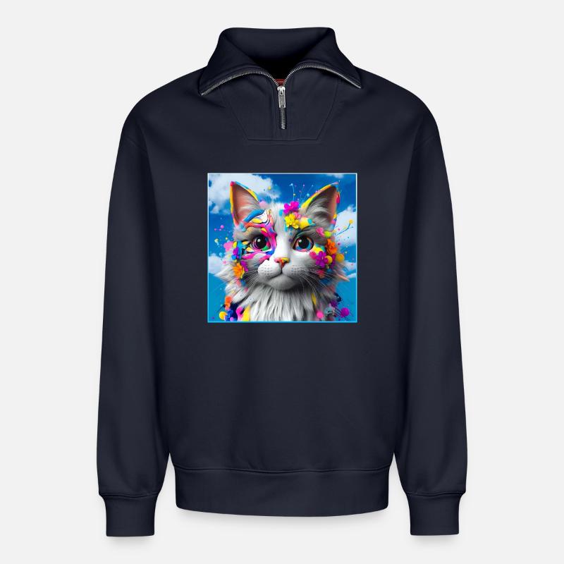 Farbenfrohe Katze - Relaxed Unisex Organic Half Zip Sweatshirt – von SPREAD - Navy