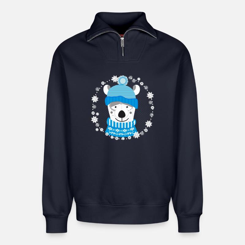 Eisbär mit Mütze und Pulli - Relaxed Unisex Organic Half Zip Sweatshirt – von SPREAD - Navy