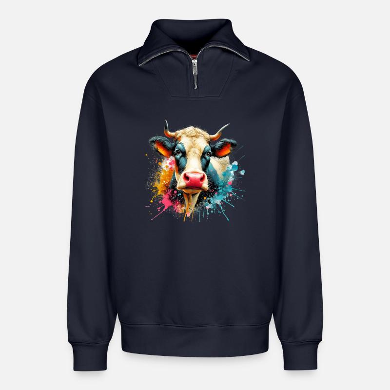 Vache - Sweat unisexe décontracté en coton biologique à demi-zip – de SPREAD - bleu marine
