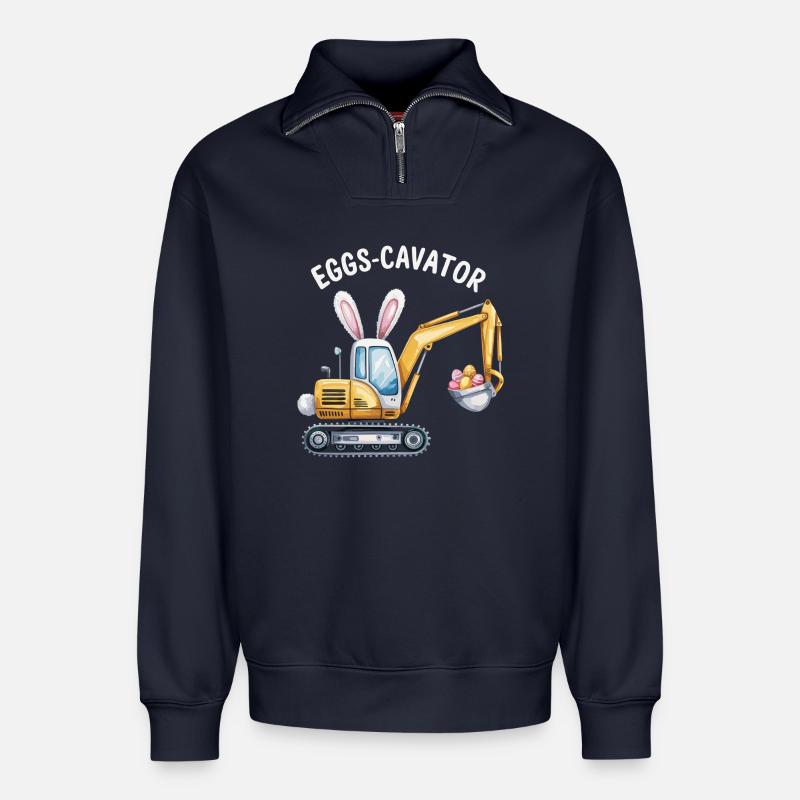 Eggs-cavator Oster-Bagger mit Hasenohren - Relaxed Unisex Organic Half Zip Sweatshirt – von SPREAD - Navy