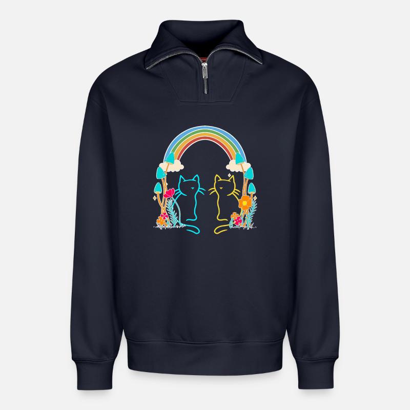 Regenbogen Retro Katzen Kinder - Relaxed Unisex Organic Half Zip Sweatshirt – von SPREAD - Navy
