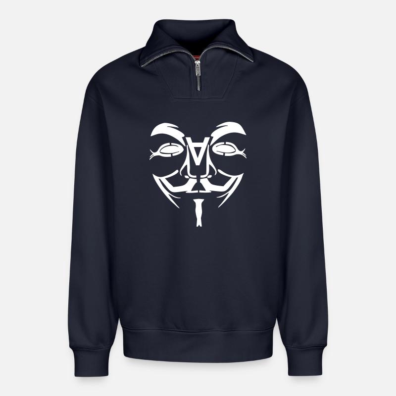 Anonymous Design Face with A - Relaxed Unisex Organic Half Zip Sweatshirt – by SPREAD - navy