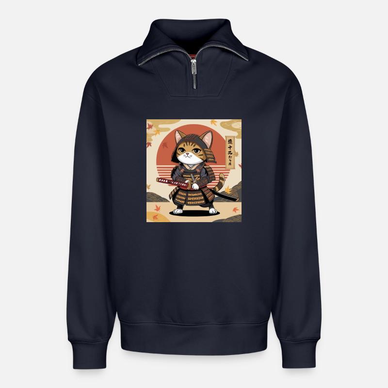 Samurai Katze – Japanisches Krieger Katzen Design - Relaxed Unisex Organic Half Zip Sweatshirt – von SPREAD - Navy