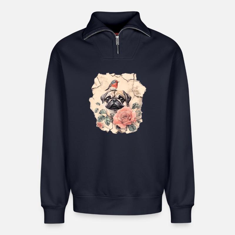 Mops mit Rotkehlchen - Relaxed Unisex Organic Half Zip Sweatshirt – von SPREAD - Navy
