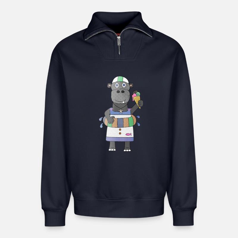Plansch Hippo Lustiges Nilpferd im Sommermodus - Relaxed Unisex Organic Half Zip Sweatshirt – von SPREAD - Navy