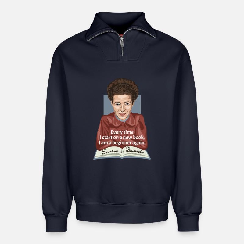 Simone de Beauvoir - Relaxed Unisex Organic Half Zip Sweatshirt – von SPREAD - Navy