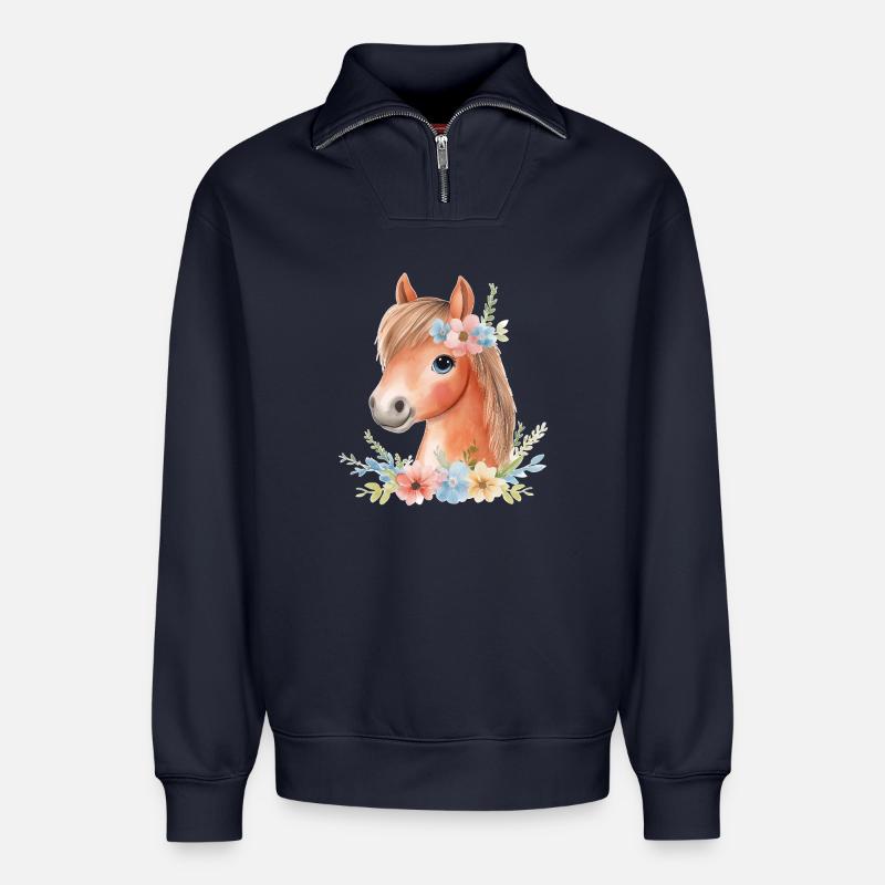 Süßes Pferd mit Blumen - Relaxed Unisex Organic Half Zip Sweatshirt – von SPREAD - Navy