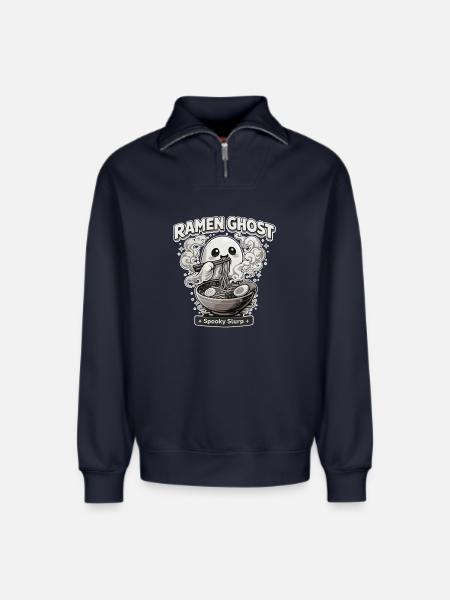 Ramen Ghost Fun Food Motif - Relaxed Unisex Organic Half Zip Sweatshirt – by SPREAD - navy