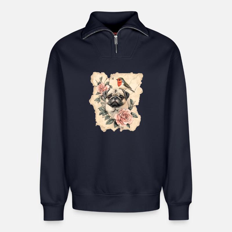 Mops und Vogel - Relaxed Unisex Organic Half Zip Sweatshirt – von SPREAD - Navy
