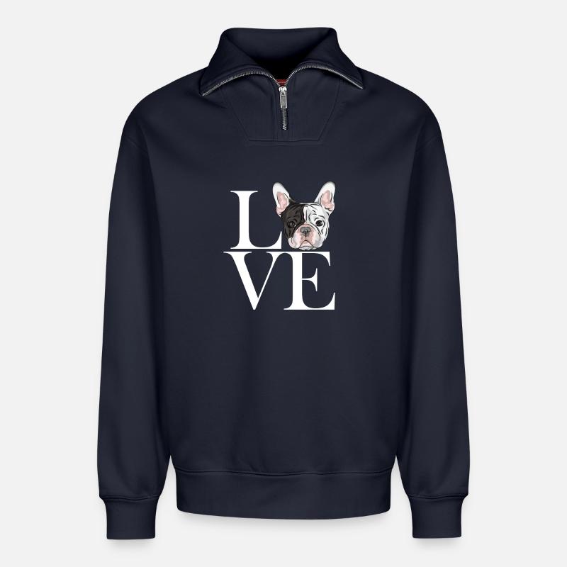 blanc bouledogue français - Sweat unisexe décontracté en coton biologique à demi-zip – de SPREAD - bleu marine