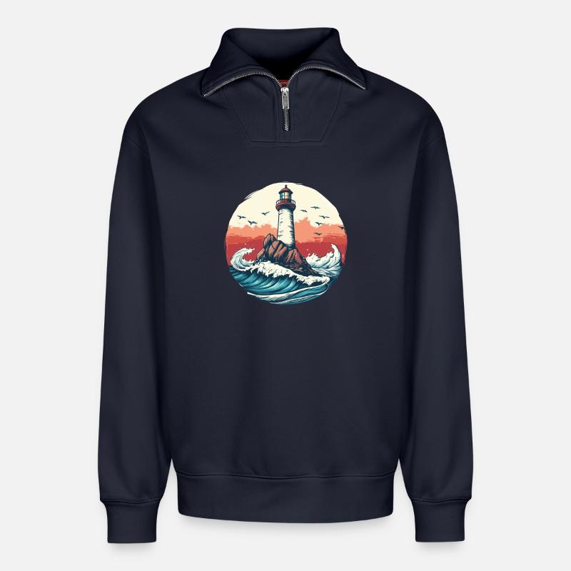 Phare sur une mer agitée - Sweat unisexe décontracté en coton biologique à demi-zip – de SPREAD - bleu marine