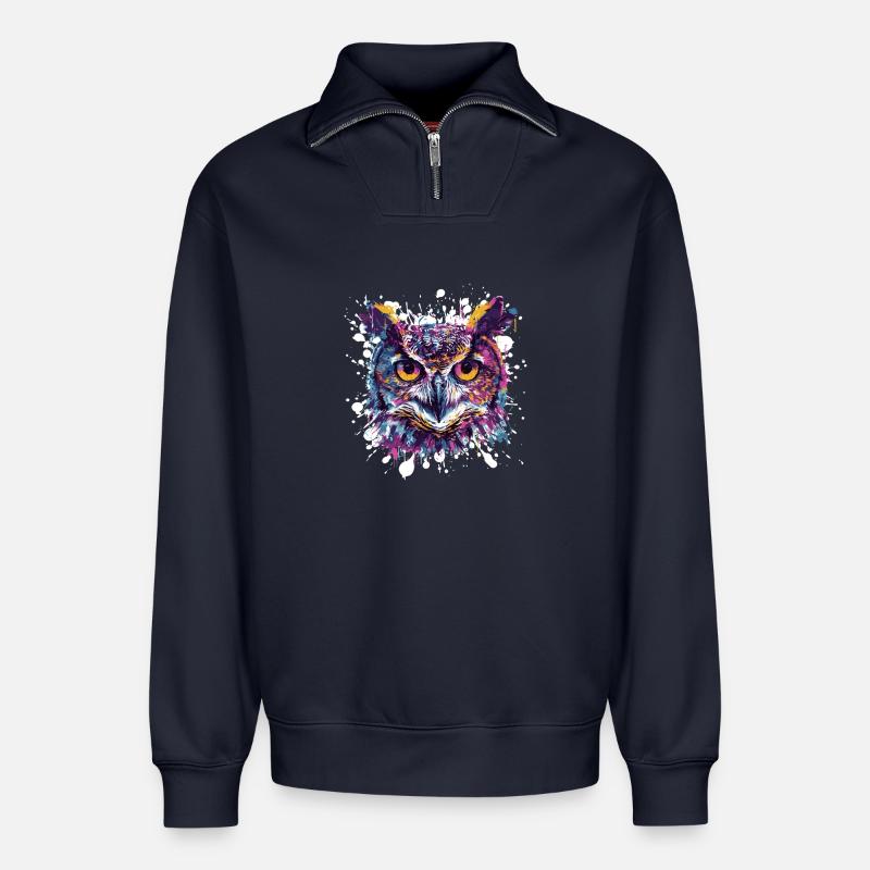 Owl Head Splatter - Relaxed Unisex Organic Half Zip Sweatshirt – by SPREAD - navy