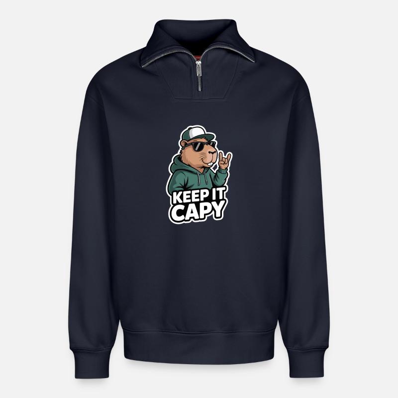 Keep It Capy Capybara Hoodie - Relaxed Unisex Organic Half Zip Sweatshirt – von SPREAD - Navy