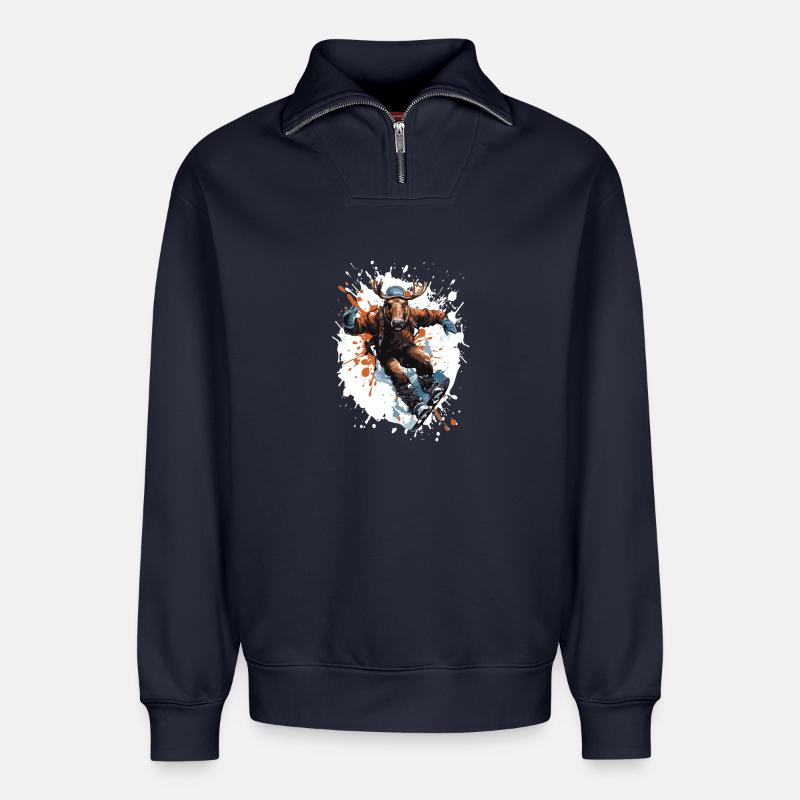 Elch Snowboard - Relaxed Unisex Organic Half Zip Sweatshirt – von SPREAD - Navy