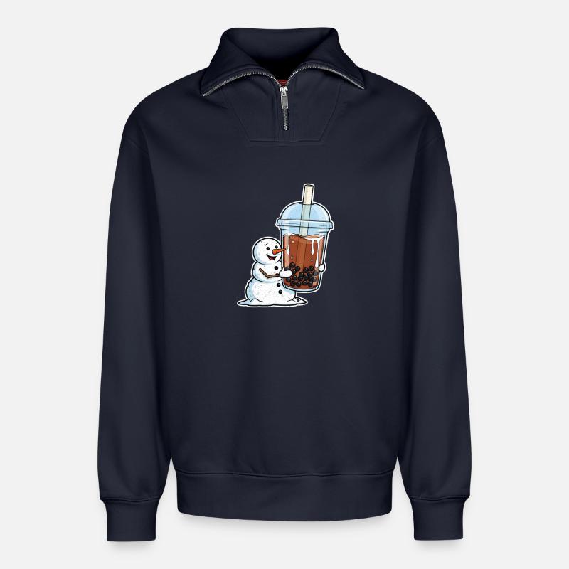 Schneemann und Bubble Tea Becher - Relaxed Unisex Organic Half Zip Sweatshirt – von SPREAD - Navy