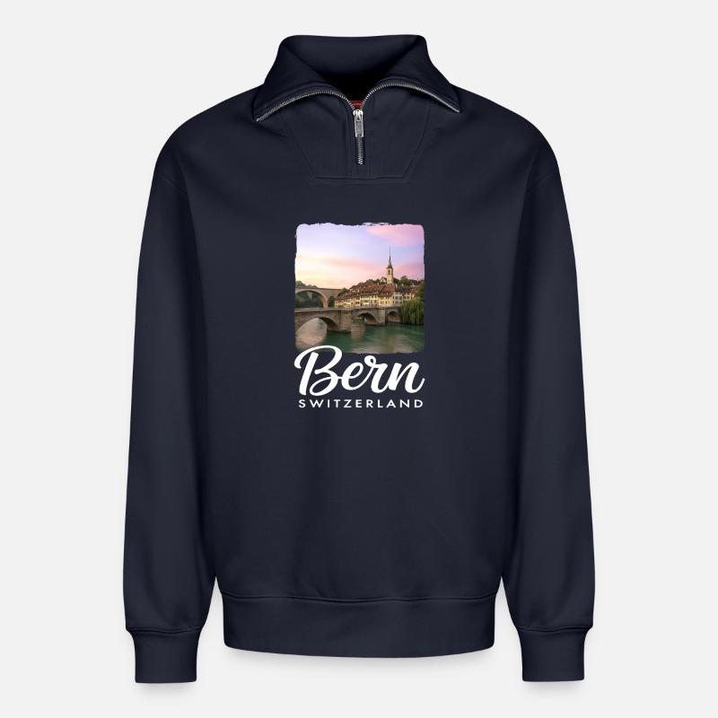 Berne, Suisse - Sweat unisexe décontracté en coton biologique à demi-zip – de SPREAD - bleu marine