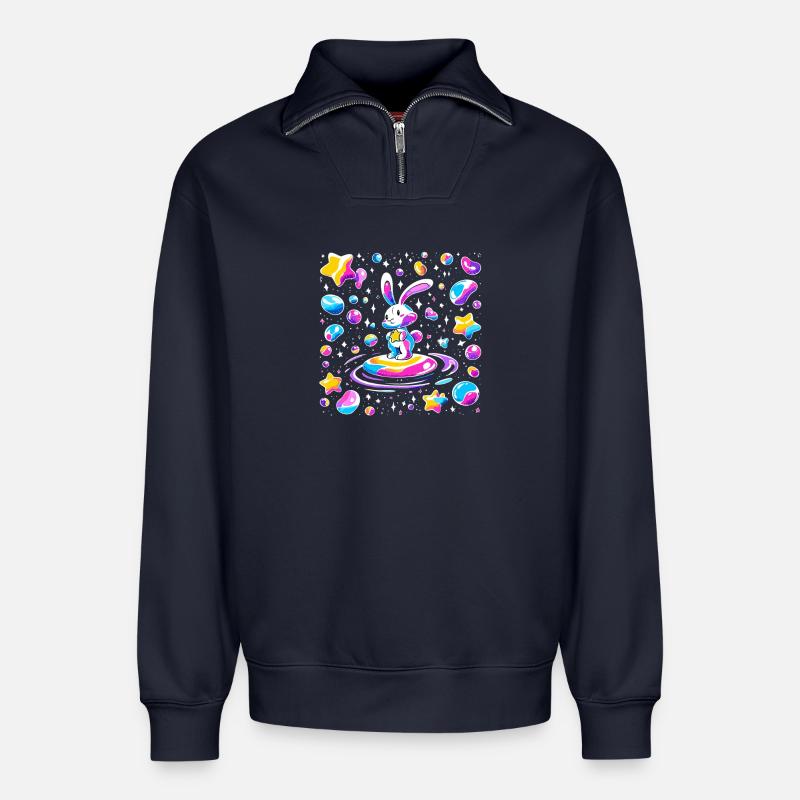 Cosmischer Rabbit sur Star Wave - Sweat unisexe décontracté en coton biologique à demi-zip – de SPREAD - bleu marine