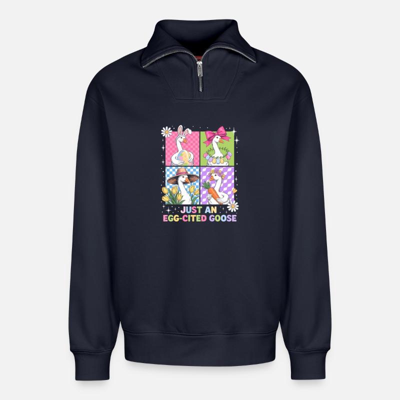 Eierfreudige Gans im Vier Panel - Relaxed Unisex Organic Half Zip Sweatshirt – von SPREAD - Navy