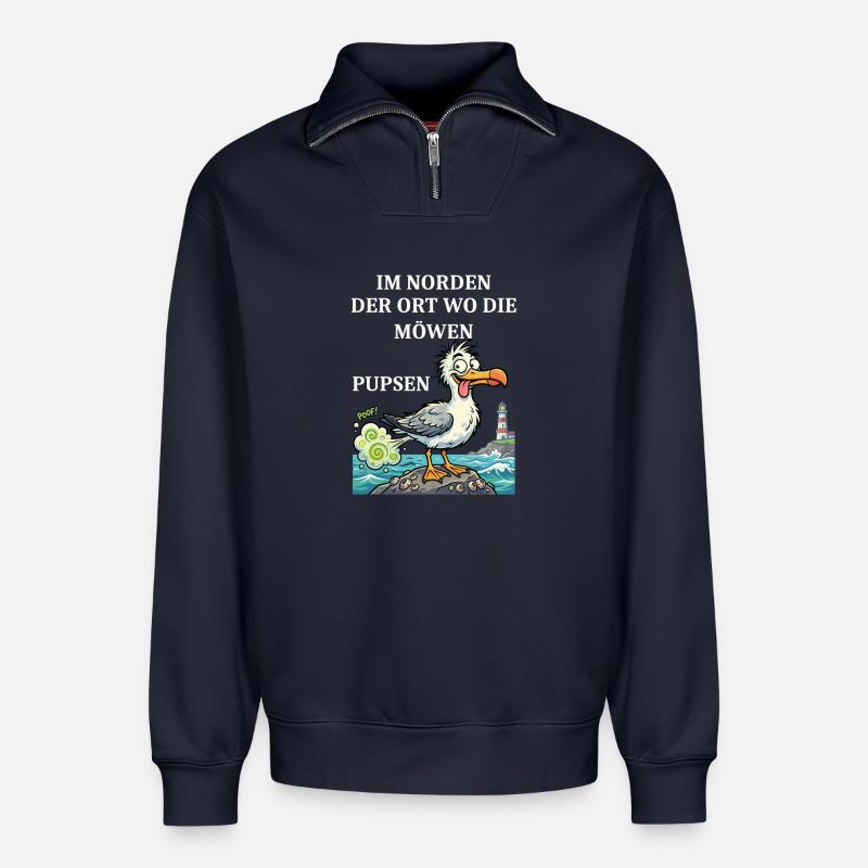 Norddeutscher Humor Spruch Möwe - Relaxed Unisex Organic Half Zip Sweatshirt – von SPREAD - Navy
