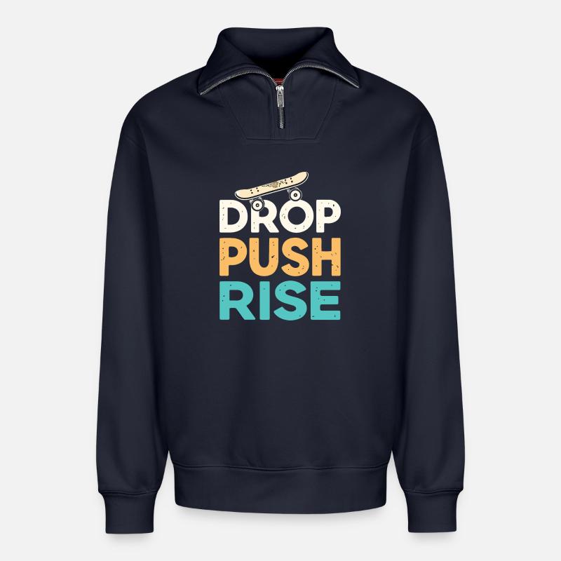 Drop Push Rise Retro Skateboard - Relaxed Unisex Organic Half Zip Sweatshirt – von SPREAD - Navy