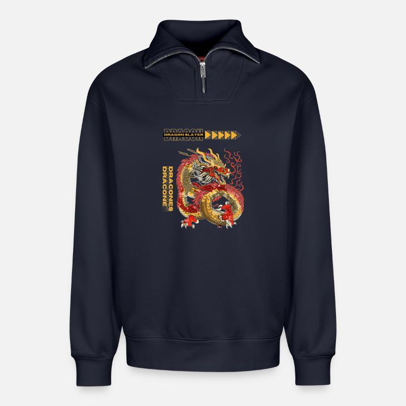 Tueur de dragons - Sweat unisexe décontracté en coton biologique à demi-zip – de SPREAD - bleu marine