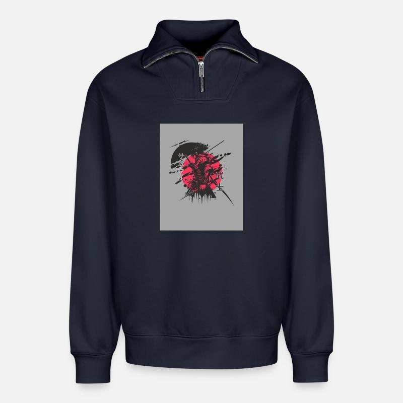 Red and black samurai - Relaxed Unisex Organic Half Zip Sweatshirt – von SPREAD - Navy